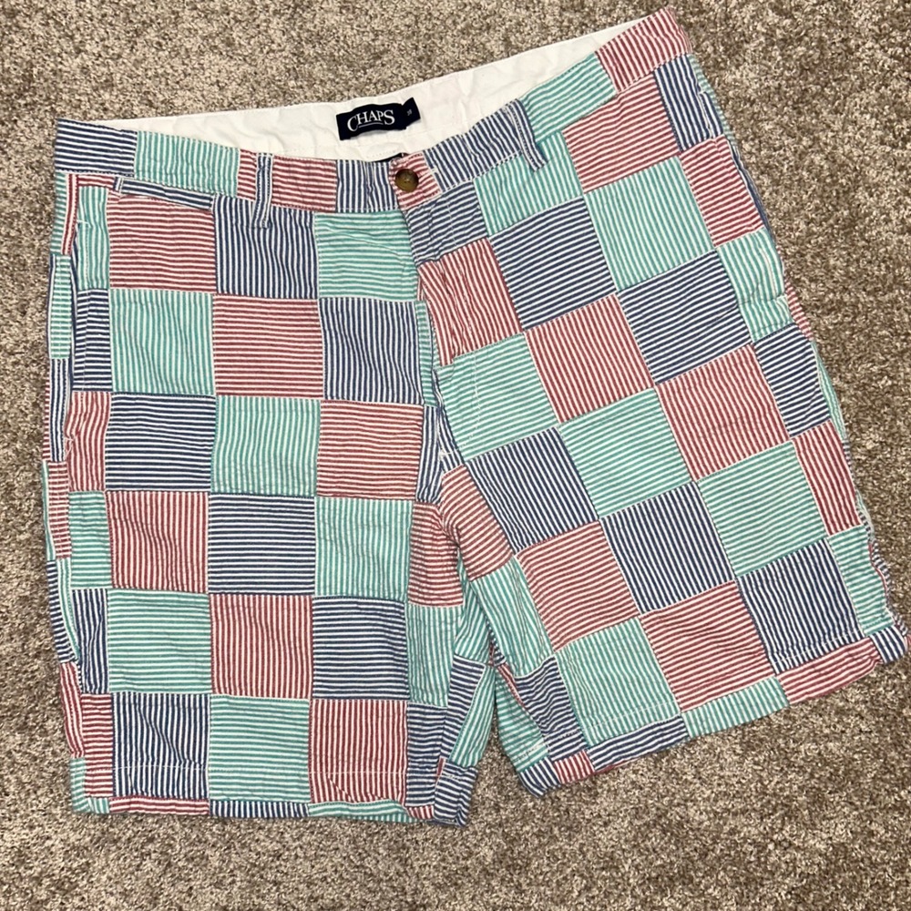 Chaps Seersucker Patchwork Shorts Men Size 38 Flat Front Preppy‎ Coastal